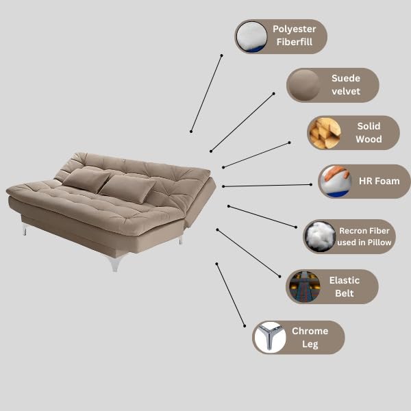 AMATA Eagle Solid Wood 3 Seater Sofa Cum Bed Camel Suede velevt Fabric with Two Cushions - Image 2