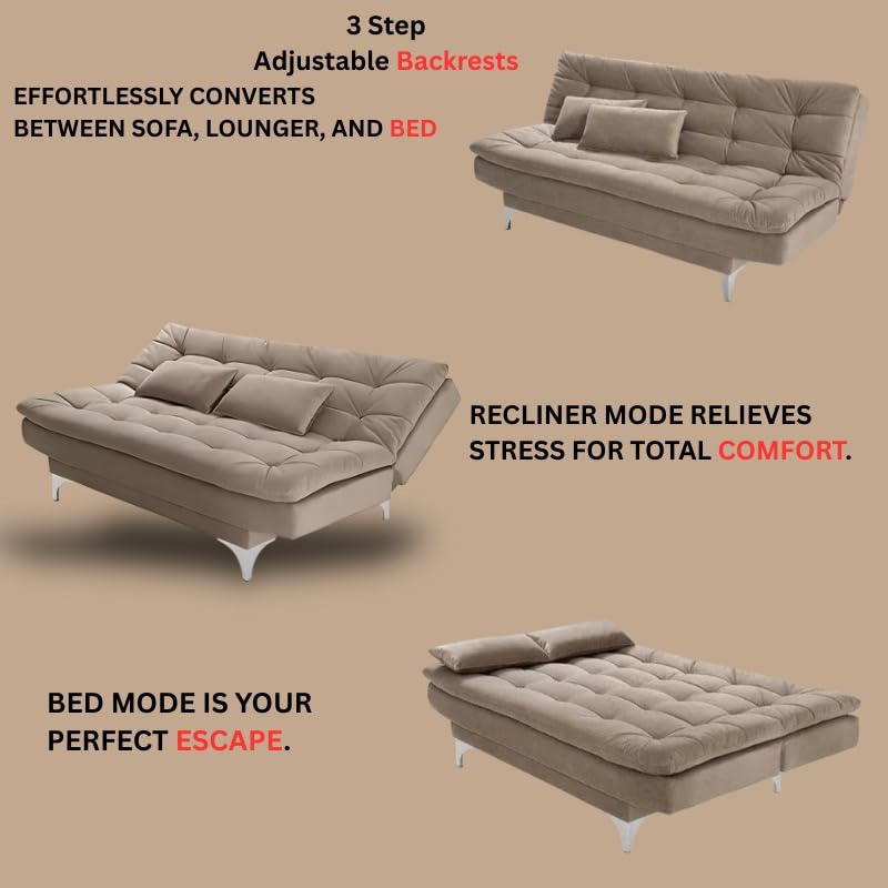 AMATA Eagle Solid Wood 3 Seater Sofa Cum Bed Camel Suede velevt Fabric with Two Cushions - Image 3
