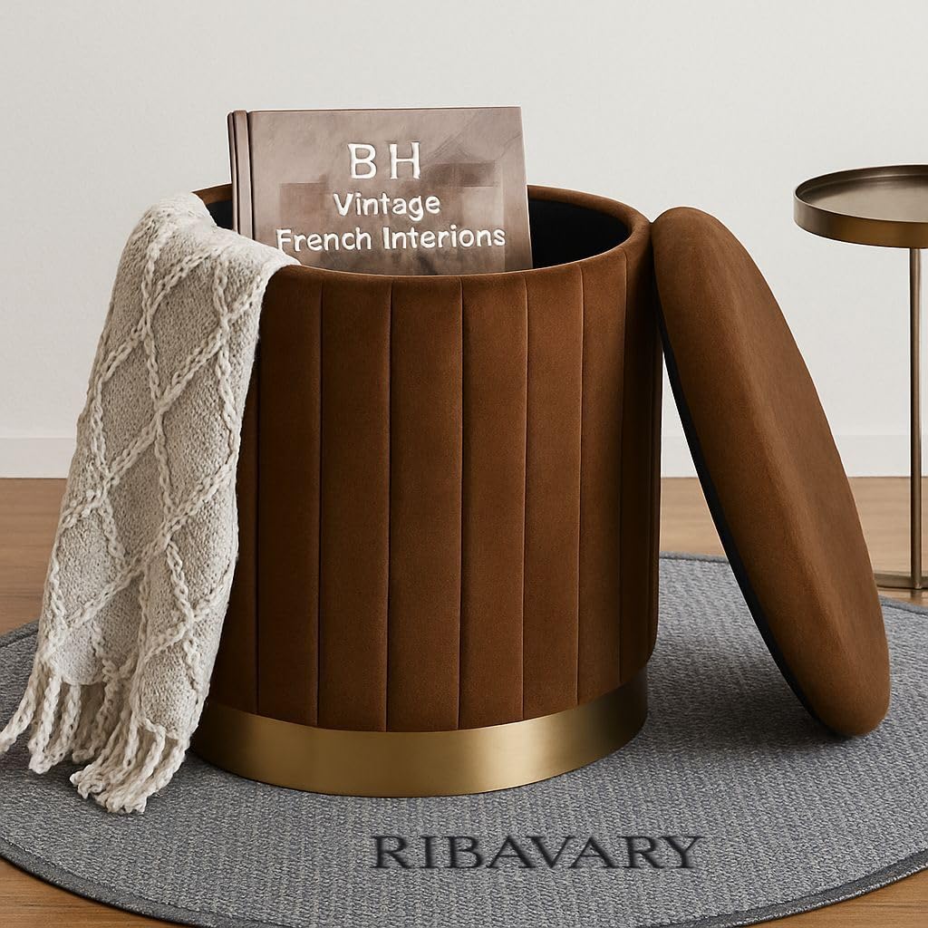 RIBAVARY Round Velvet Luxurious Storage Ottoman, Pouf with Storage Vanity Stool Chair,Upholstered Foot Rest Stool with Gold Strip Base - Image 5